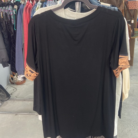 black v neck tee with faux tooled trim - Picture 3 of 3